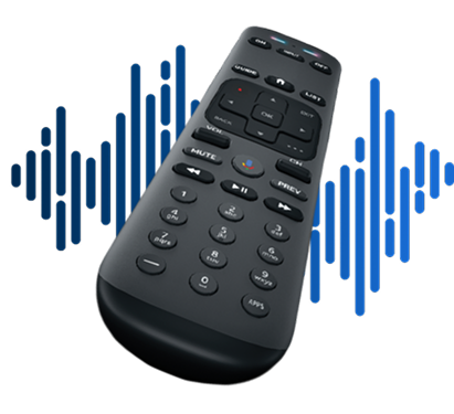 Television remote control angled on a blue audio waveform background.