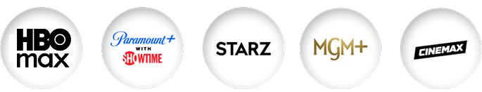 Row of circular logos: HBO Max, Paramount+ with SHOWTIME, STARZ, MGM+, and Cinemax.